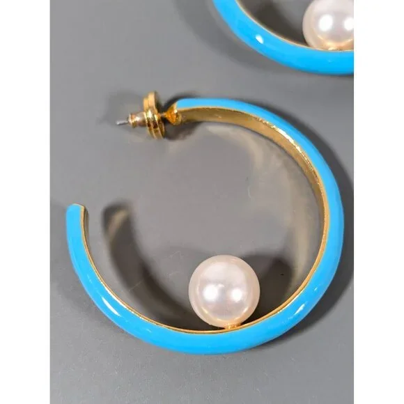 Turquoise Blue Enamel Hoop Earrings Faux‎ Pearl Signed Kenneth Lane - Picture 7 of 10